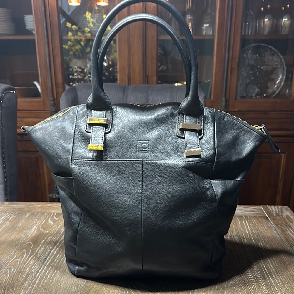 Liz Claiborne Black Leather Tote with Gold Hardware